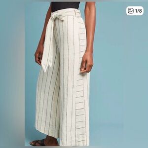 Anthropologie Striped Cream linen Wide-Leg Pants with belt